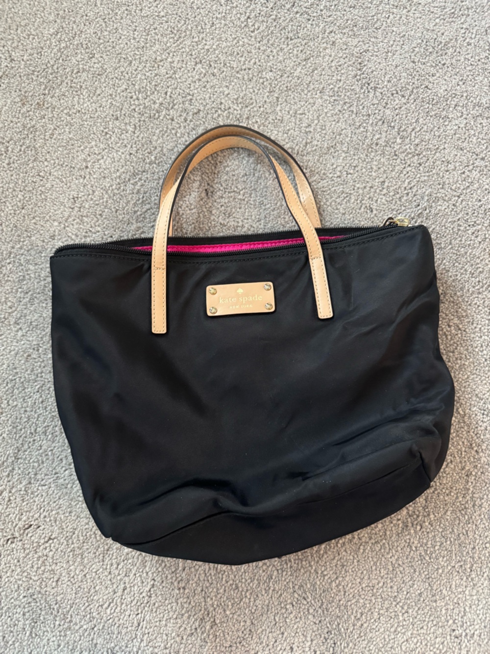 kate spade Black Nylon Tote with Tan Handles and Pink Trim